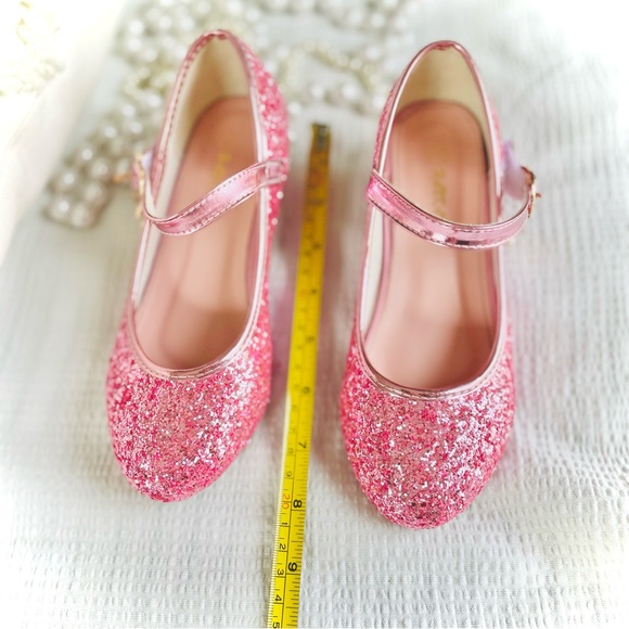 HANKAYOU | 34 / 5 | Girls’ Pink Glitter Low Heel Mary Jane Sparkle Shoe - Picture 12 of 13